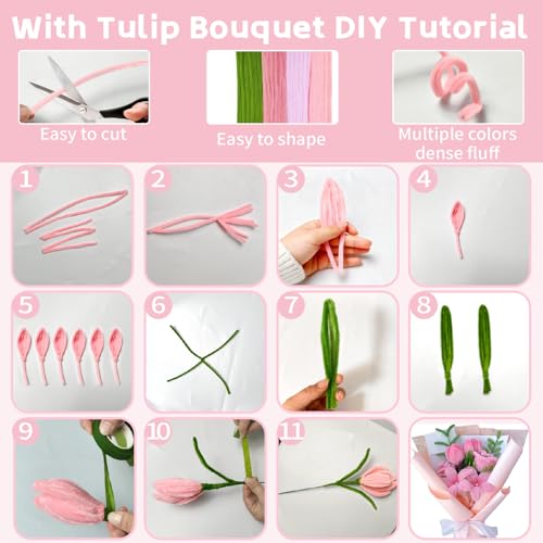 CllyCnny Pipe Cleaners Craft - 400 PCS Chenille Stems DIY Flowers Kit Green Pink 4 Colors Pipecleaners Bulk with Instruction Floral Stems Stamens Tapes Ribbons for Tulips Bouquet Making Supplies - Image 5
