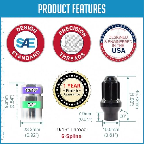 Image of Wheel Accessories Parts 32 Pcs 9 /16 inch-18 Thread ET Bulge Acorn 1.80 inch Long Spline Lug Nuts Black Truck Spline Hex Fits 1994-11 Ram 2500 3500 Chevrolet GMC C2500 C3500