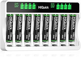 HiQuick 8-slot AA AAA LCD Battery Charger, 5V 2A Fast Charging Function, Type C and Micro USB Input, with 8 x 1100mAh AAA NI-MH Rechargeable Batteries, Battery and Charger Set