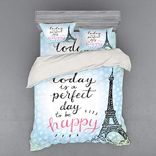 Ambesonne Eiffel Tower Duvet Cover Set, Perfect Day Eiffel Tower Polka Dot Handwriting Typography Sketch Paris Print, 4 Piece Bedding Set with Shams and Fitted Sheet, Queen Size, Blue Black