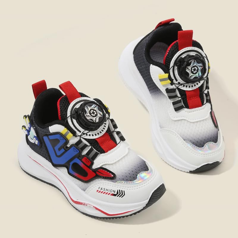 Kids Fashion Sneakers with Dial Closure, Athletic Running Shoes, White/Red/Blue, Chunky Platform Design3