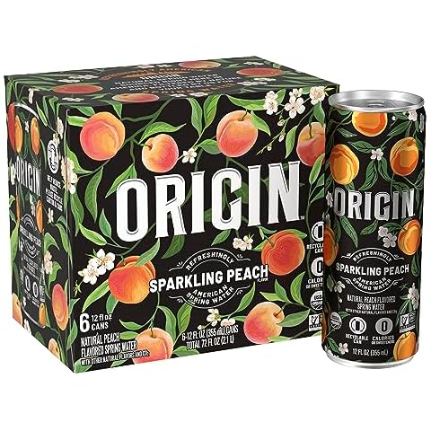 ORIGIN Organic & Non-GMO Peach Flavor Sparkling Water, 12 Fl Oz, Recyclable Aluminum Cans (6 Count) Cover