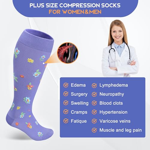 Image of Plus Size Compression Socks for Women Men, Wide Calf Extra Large, 15-20 mmHg, Knee High, for Nurses Pregnant Travel