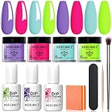 Modelones 11 Pcs Dip Powder Nail Kit Starter, 4 Colors Hot Pink Purple Mint Green Fluorescent Green Acrylic Dipping Powder System Essential Liquid Set with Base and Top Coat Activator Nail Tools French Nail Art Manicure DIY Salon All-in-One Kit