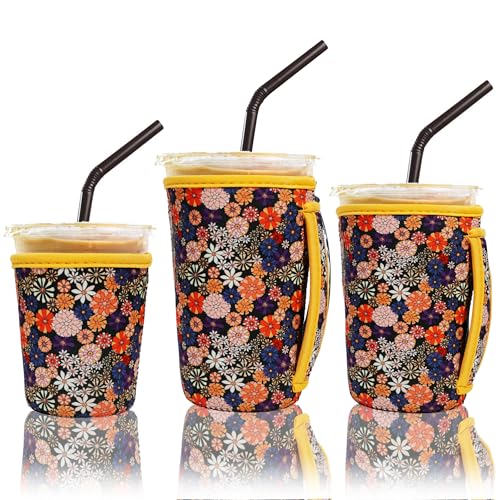 3 Pack Iced Coffee Sleeve Insulator Sleeves for Cold Drinks Beverages Reusable Neoprene Cup Sleeve with Handle Cup Holder for Starbucks Coffee, Dunkin Coffee, More (Yellow Floral)