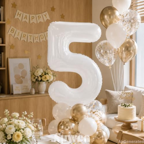 Image of SUWEN 40 Inch White Large 5 Balloon Number Big Foil Helium Numbers 0-9 | Giant Jumbo Happy 5th Birthday Party Decorations for Men or Women Huge Mylar Anniversary Party Supplies