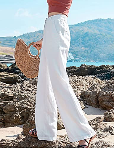 Hooever Womens Casual High Waisted Wide Leg Pants Button Up Straight Leg Trousers (White, M) #TOP4