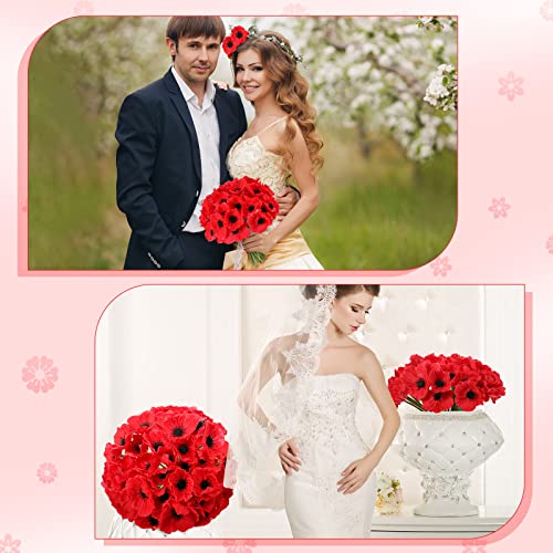 42 Pcs Artificial Poppy Flowers Pu Real Touch Poppy Silk Flowers 11 Inch Poppy Anemone Stems Fake Flowers Table Centerpiece For Home Wedding Memorial Day Decor (Red) #TOP4