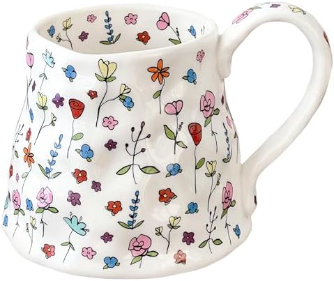 Large Ceramic Coffee Mug Cute Flower with Handmade Big Handle, 20...