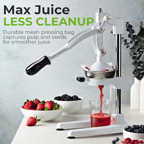 Image of Zulay Kitchen Pulperizer 9 in 1 Cast Iron Juicer - Easy-to-Clean Heavy-Duty Manual Juicer with Presser Attachment to Juice All Types of Fruits! Extra Tall with Stainless Steel Bowl - White