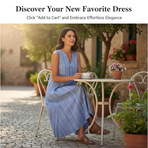 Image of Women Casual Dress Summer Stripe Button V Neck Sleeveless with Pocket Long Dresses Holiday Beach Party Midi Dress