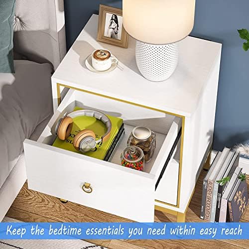 Tribesigns Bedside Table White & Gold Night Stand with 2 Drawers End Table with Storage, Tall Nightstand Modern Wood Bedside Furniture with Metal Frame for Bedroom