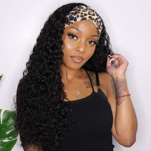 VIVI BABI Human Hair 10A Water Wave Headbands Wigs for Women Brazilian Remy Human Hair Gluess Full Head Extension Wig Headband Scarf Wig 180% Density Natural Color 22 Inches
