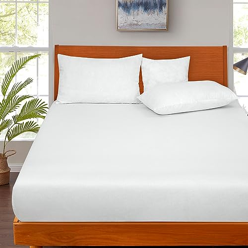 Image of ROYALE LINENS 300 Thread Count 100% Long Staple Combed Cotton Fitted Sheet Queen - Super Soft Deep Pocket Bottom Sheet - Fitted Sheets Only - Elastic Sheets (Queen, White)