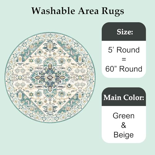 VK VK·LIVING Washable Round Rug 5ft Vintage Circle Area Rugs with Non-Slip Round Carpets for Living Room Bedroom, Stain Resistant Floor Carpets for Dining Home Office Boho Rug, Soft Sage - image 5