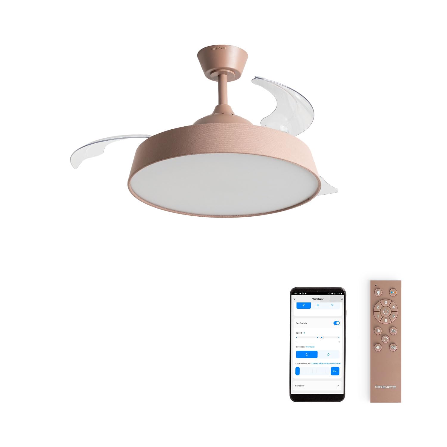 CREATE / WIND CLEAR CONTOUR/Ventilador de techo con luz lino moca con Wifi y mando / 40W, Temporizador, Ø 107 cm, aspas retráctiles, 3 temperaturas de luz, función verano-invierno
