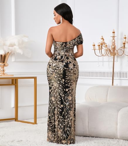 Image of Cololura Women Sexy Sequin One Shoulder Mermaid Formal Party Cocktail Gowns Bodycon Evening Maxi Dress