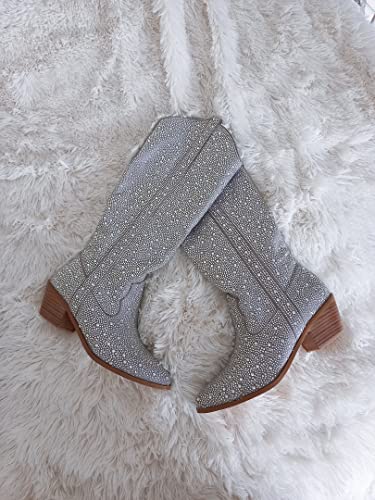 Richealnana Knee High Boots for Women Sparkle Rhinestones Clear Gems Calf High Shining Pull-On Boots2