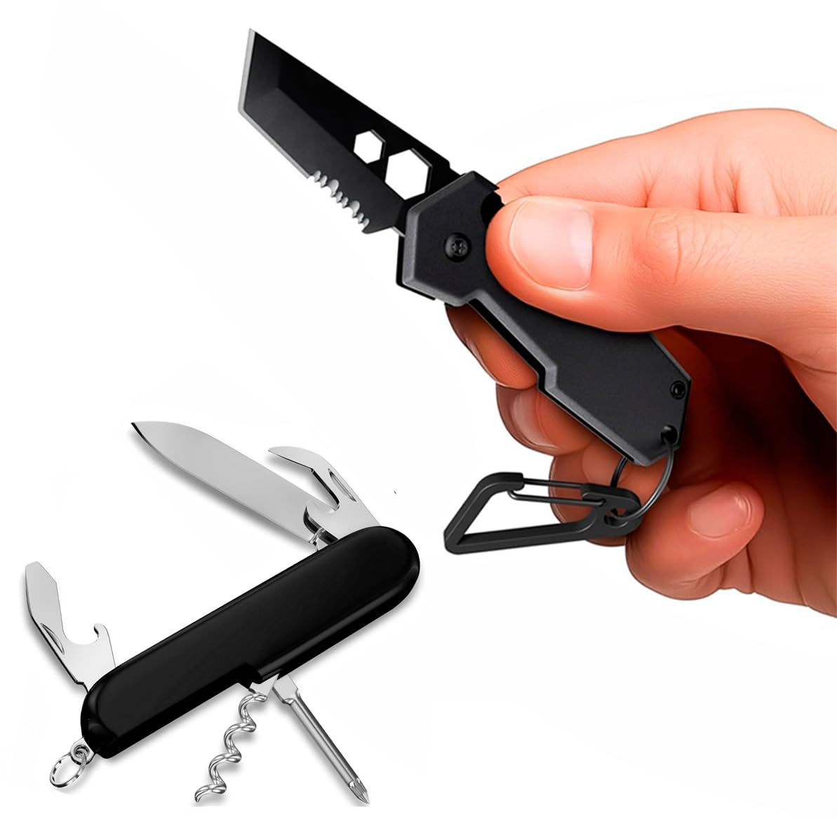 Mini Keychain Knife with Carabiner - 2" Tanto Serrated Blade - Black Multitool with Bottle Opener - Box Cutter - Liner Lock - Multi Function Mini Knife - Best Keychain Accessories