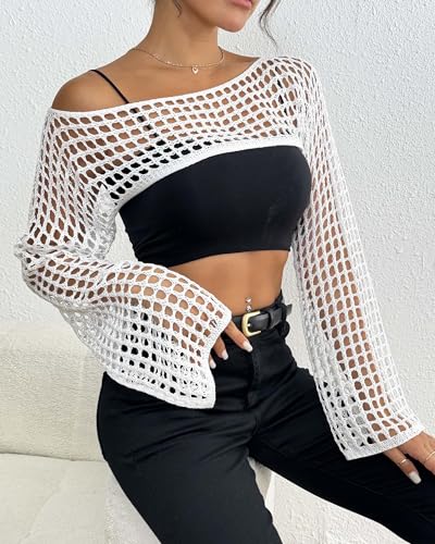 Image of Womens Crochet Crop Tops Y2k Knit Shrug Sweater Hollow Out Long Sleeve Bikini See Through Cover Ups