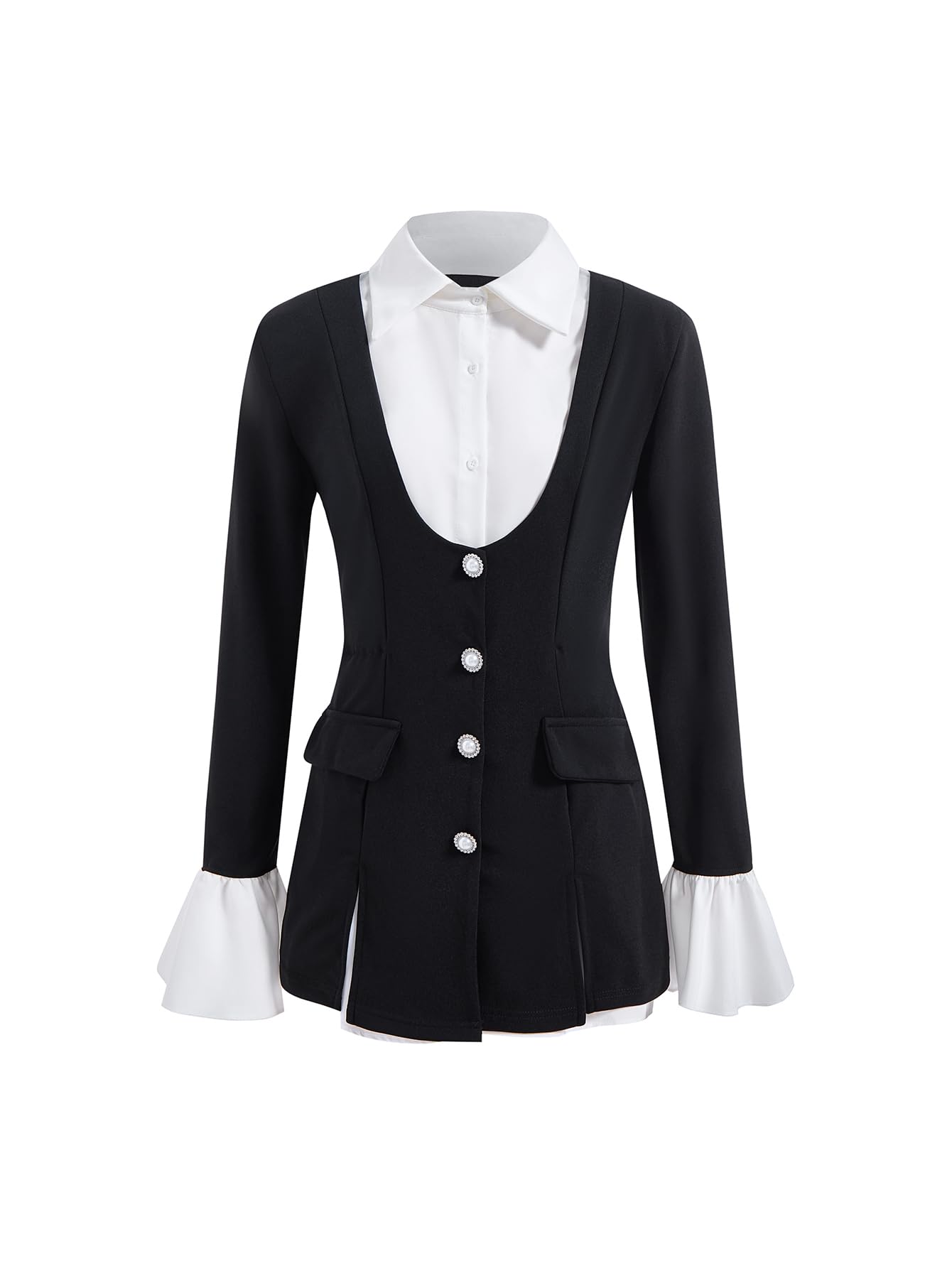 Womens Elegant Button Down Peplum Blazer Ruffle Long Sleeve Color Block Work Office Suit Jacket