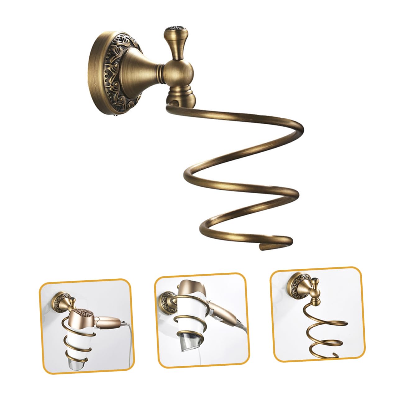 Homoyoyo Spiralförmiger Haartrocknerhalter Installieren Sicherer Halter aus Kupfer und Edelstahl für Haarstyling Geräte im Badezimmer