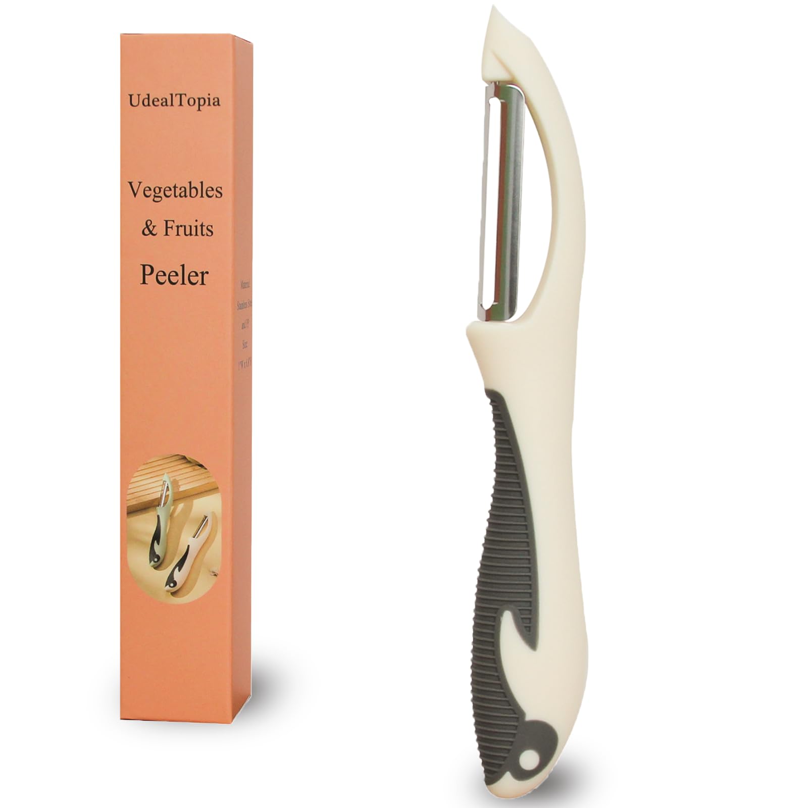 Pelador de verduras y frutas de acero inoxidable, accesorio giratorio recto para cocina, ideal para pelar zanahorias, pepinos, patatas, con mango ergonómico, antideslizante y bonito (blanco
