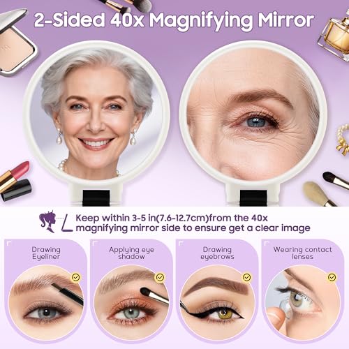 Image of B Beauty Planet 40X Magnifying Mirror, Hand Mirror with Handle, Double Sided Hand Mirror with 40X /1X Magnification, Travel Essential Portable Foldable Makeup Mirror for Precision Makeup White