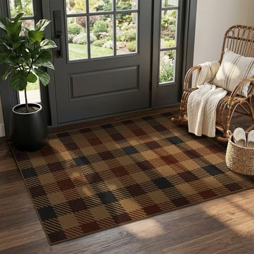 JTJ 3x5 Vintage Door Mats Outdoor Entrance - Easy Jute Fall Rugs Outdoor for Patio, Balcony, Kitchen, Mudroom, Washable Earthy Brown and Red Checkered