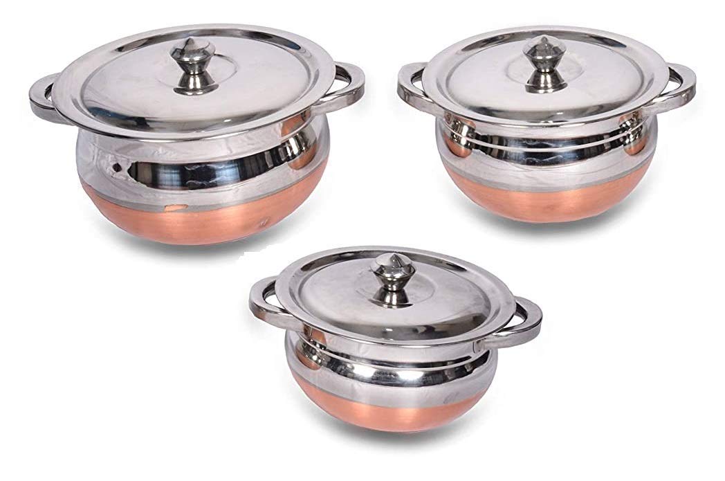 WayMore® Kitchen Stainless Steel Copper Bottom Handi Set with Lid and Handle, Heavy Gauge Kitchen Serving and Cooking Handi Set Pot Vessel with Lid and Handle (Set of 3)