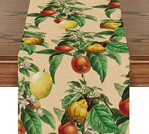 Fruit Flower Table Runner Vintage Lemon Fruit Art Cotton Linen Table Runners Farmhouse Seasonal Home Decor Gift For Kitchen Dinner Party Holidays Housewarming (14X72 Inches ) #TOP13