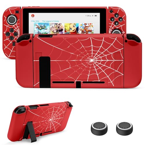 JINGDU Protective Case Compatible with Nintendo Switch 2017, TPU Case Accessory for Switch Console and Grip Joy-Con, Switch Protector with 4 Thumb Grips, Red Spider Web