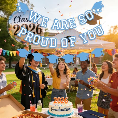 Image of We Are So Proud Of You Banner Graduation Party Decorations Congrats Grad Cap Garlands Wall Sign Light Blue White