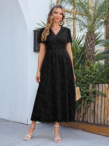 Image of Simplee Women's Boho Floral Maxi Dress Flowy Casual V Neck Short Sleeve Wedding Guest Holiday Beach Long Dress