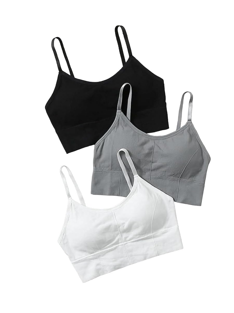 DKOALE Women - Girls Cotton Padded Sports Bra with Adjustable Straps, Full Coverage, Removable Padding for Gym Workout Running Yoga, Free Size (Pack of 3), Size (28-34), Multicolor1