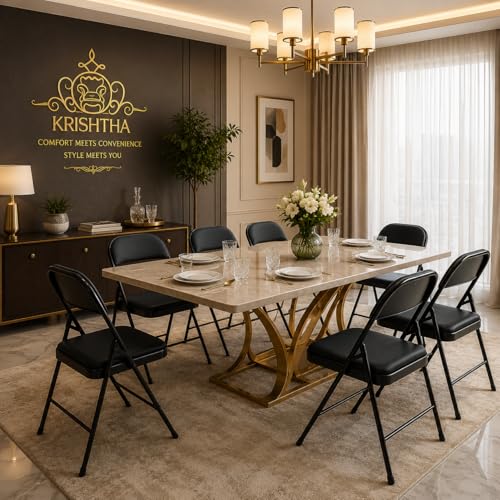 Image of Metal Folding Chair with Soft Cushioned Leatherette Seat | Foldable Chair for Home, Office, Study, Balcony, Kitchen & Restaurant | Space Saving Portable Steel Chair | Black