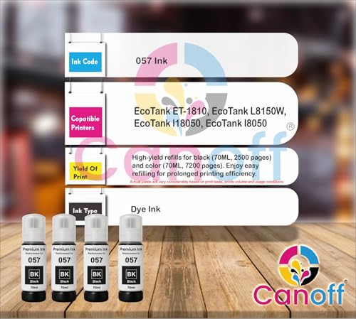 Image of CANOFF Premium 057 Refill Ink Bottle - High Page Yield, Quick Dry, Dye-Based Printer Ink for Vibrant Printing, Compatible with Epson L8050, L18050 Ink Tank Printer - (057 Black 4pc.)