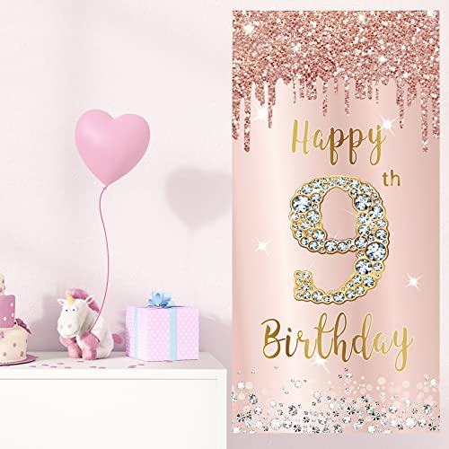 Image of Pink Rose Gold 9th Birthday Door Banner Decorations, Large Nine Year Old Party Sign, Photo Booth Props