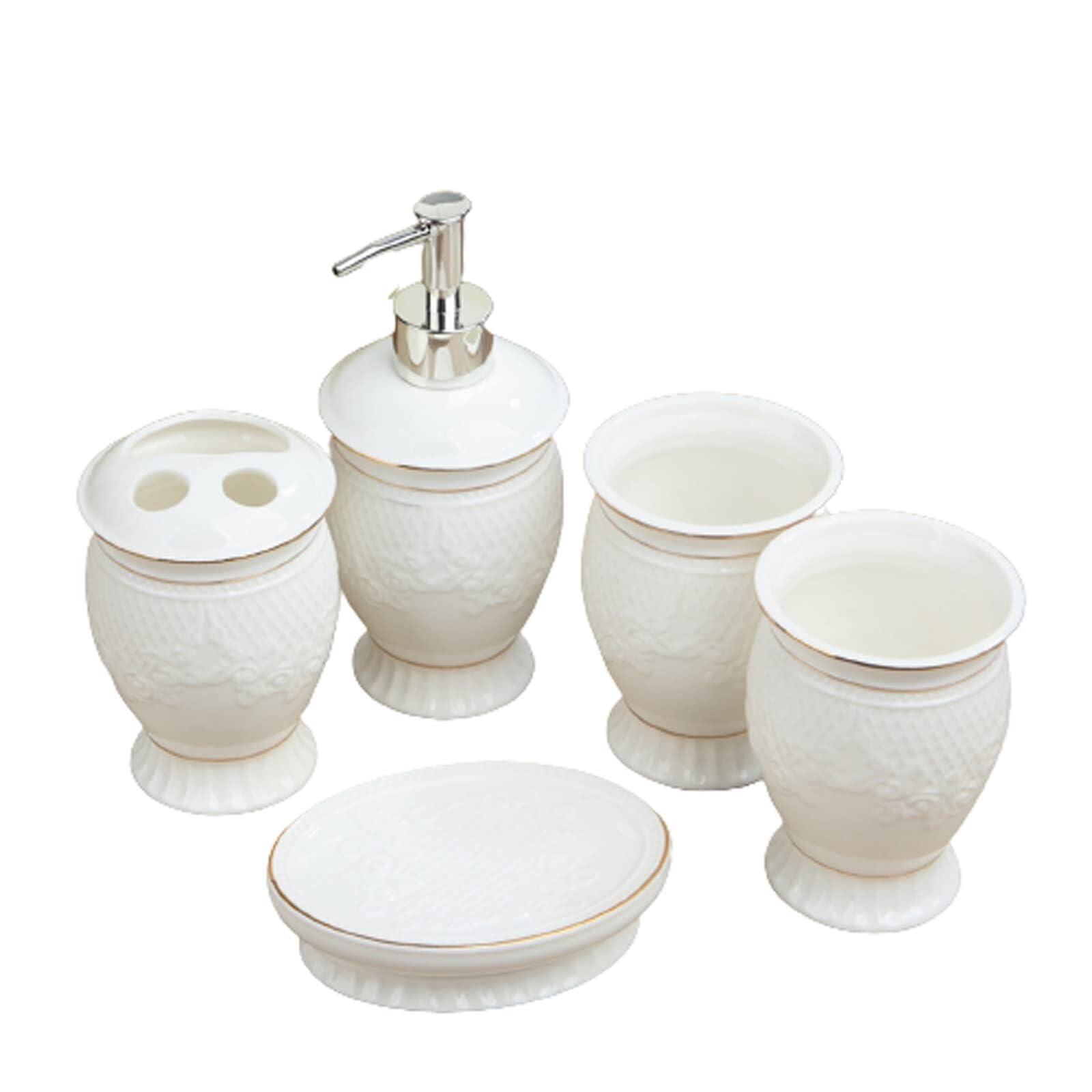 Set di accessori per il bagno 5 pezzi in ceramica includono dispenser for lozione, porta spazzolino da denti e 2 bicchieri sapone Arredamento per gli affittuari