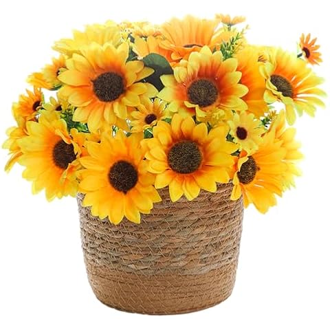 Coferset Artificial Sunflower Bouquets for Outdoors, 8 Bunches Silk Sunflowers Fake Flowers, Sunflower Decor for Baby Shower Wedding Bridal Bouquet Party Home Porch Nursery Spring Decor Cover