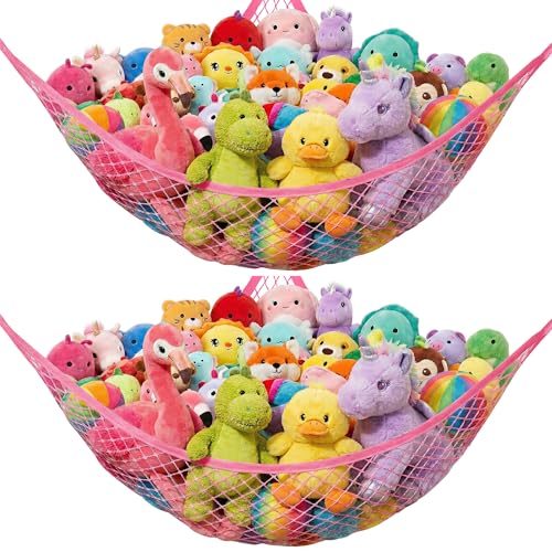 Image of Lazebox Stuffed Animal Net Hammock for Plushie Toys, Stuffed Animal Hammock Corner for Kids' Room Decor, Ideas for Organizing Stuffy Collection, 2 Pack, Pink