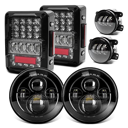 Image of LX-LIGHT Compatible with 2007-2018 Jeep Wrangler JK JKU, 7 inch Black LED Headlights, 4 inch LED Fog Lights + 4D LED Tail Lights with EMC Build-in