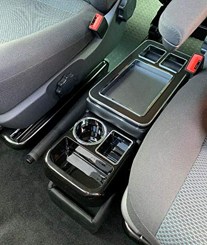 GEARMONSTER Middenconsole met opbergvakken opbergvak compatibel met VW T5 T6 T6.1, middenconsole Box met drankjeshouder, zwart glanzend leder accessoire voor individuele stoelen vooraan