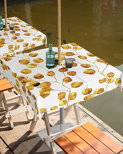 Orange Leaves Outdoor Tablecloths with Umbrella Hole and Zipper, Fall Autumn Watercolor Plant Waterproof/Stain Resistant Square Table Cloth 60x60 Patio Table Cover for Picnic/Party Baby Shower