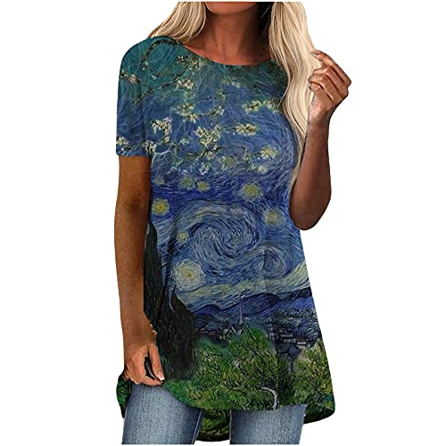 Wangxiyan Summer Women Vintage Tops Fashion Loose Fit Short Sleeve Crewneck Long Tunic Print Blouses Comfy Soft Shirts Tee,Blue,Xx-Large #TOP15