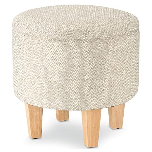 USJRAO Linen Fabric Storage Ottoman Foot Rest Round Upholstered Foot Stool Padded Seat Comfy Chair with Lid and 4 Wooden Legs for Living Room Entryway Bedroom Hallway Office Beige