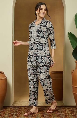 Image of Janasya Women's Black Pure Cotton Floral Printed Straight Co-ord Set