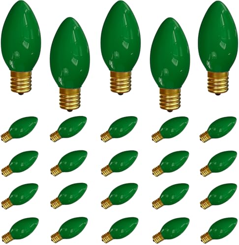 25 Pack C9 Ceramic Green Replacement Bulbs, St. Patrick's String Light Bulb Vintage Incandescent Light Bulbs for Christmas Wedding Patio St. Patrick's Day Decoration, E17/C9 Intermediate Base, 7 Watt