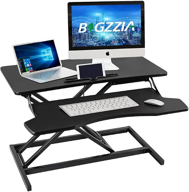 bigzzia Standing Desk Converter Height-adjustable Desk Top with Wide Keyboard Tray 28 inch Sit Stand Desk Riser for Dual Monitors