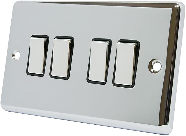 AET CPC4GSWIBC Polished Chrome Classical Black Insert Metal Rocker Switches-10 Amp 4 Gang 2 Way Light Switch, 240 V